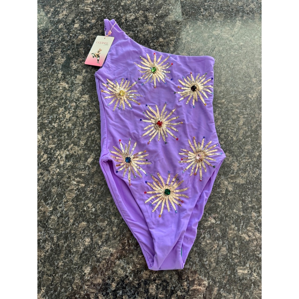$416 Oceanus callie One Shoulder Embellished Swimsuit Lilac Purple‎ XS New